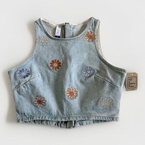 C&A Moda Denim Floral Embroidered Sleeveless Cropped Top Size Small